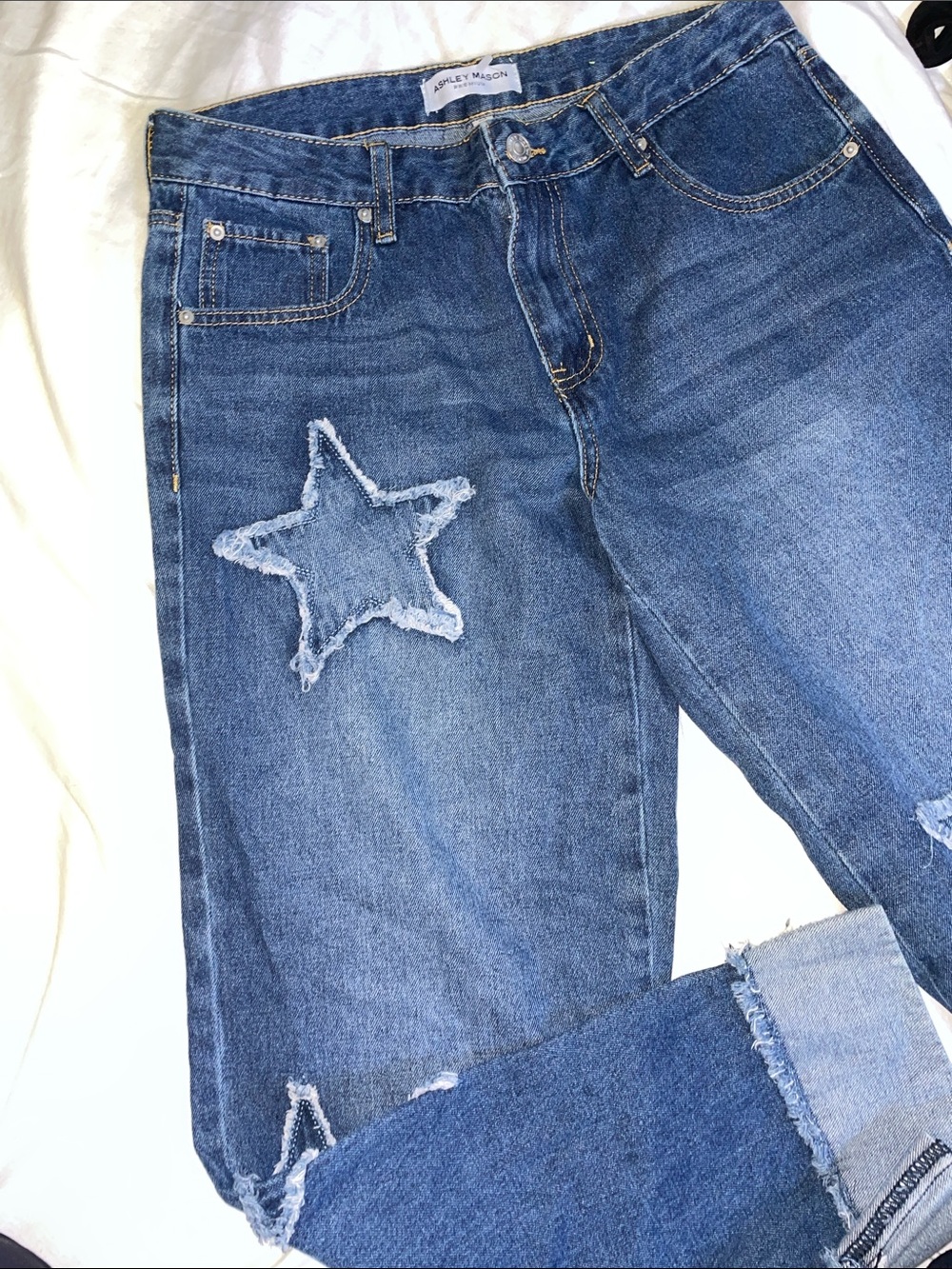 Ashley Mason Medium Blue Boyfriend Jeans with Frayed Star Patch